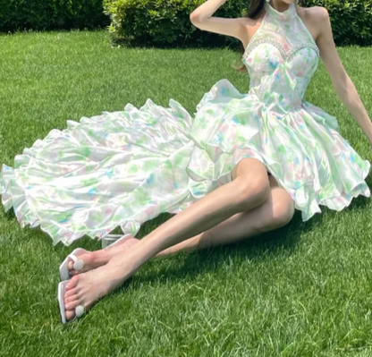 Playful Halter Neck Green Homecoming Dress Beading Tiered Floral A-Line Birthday Dress GG7114