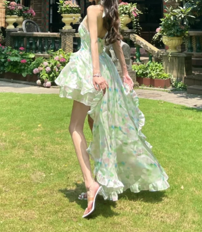 Playful Halter Neck Green Homecoming Dress Beading Tiered Floral A-Line Birthday Dress GG7114