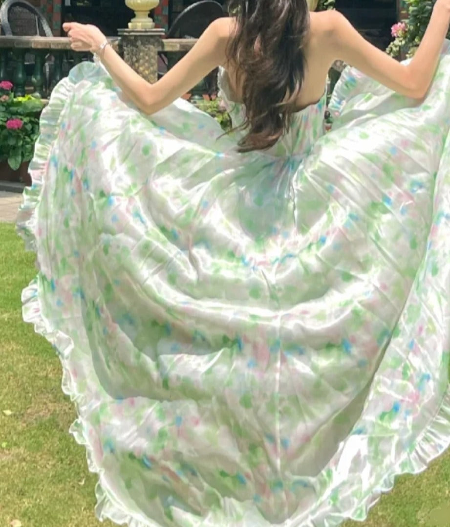 Playful Halter Neck Green Homecoming Dress Beading Tiered Floral A-Line Birthday Dress GG7114