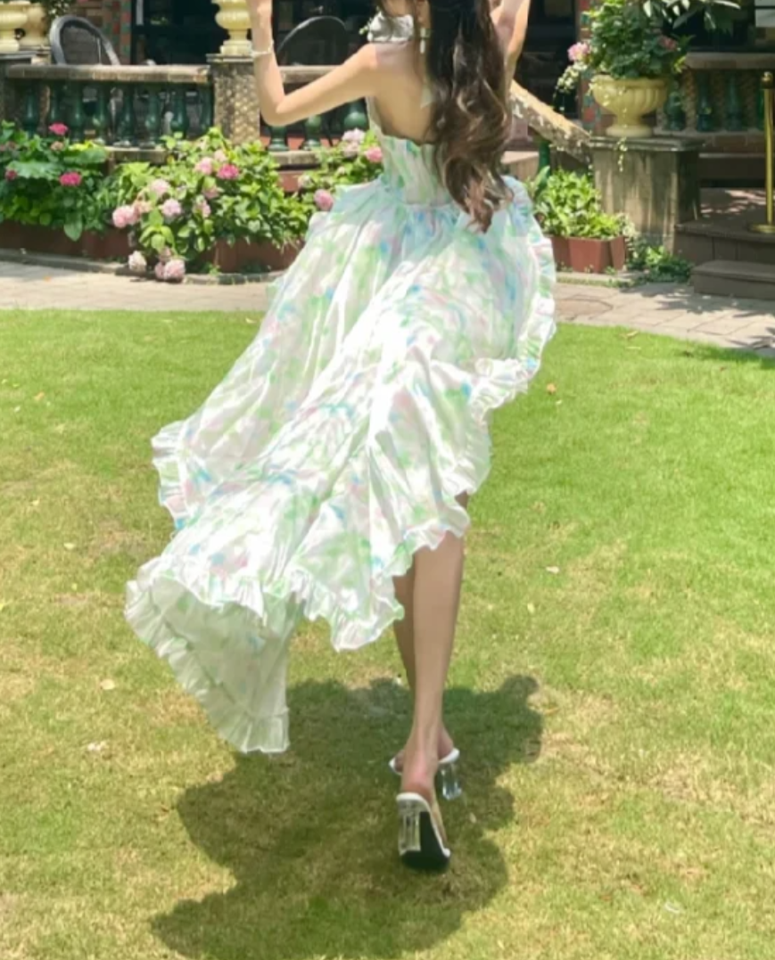 Playful Halter Neck Green Homecoming Dress Beading Tiered Floral A-Line Birthday Dress GG7114