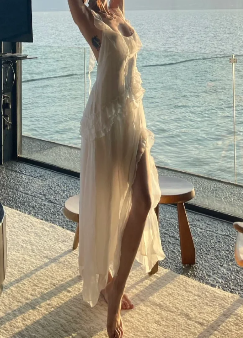 Trendy Halter Neck White Prom Dress Ruffles Slit A-Line Formal Dress GG7115