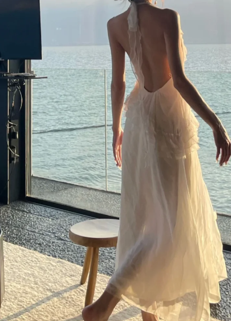 Trendy Halter Neck White Prom Dress Ruffles Slit A-Line Formal Dress GG7115