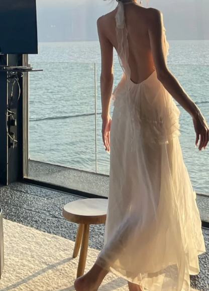 Trendy Halter Neck White Prom Dress Ruffles Slit A-Line Formal Dress GG7115