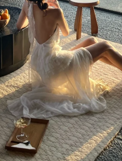 Trendy Halter Neck White Prom Dress Ruffles Slit A-Line Formal Dress GG7115