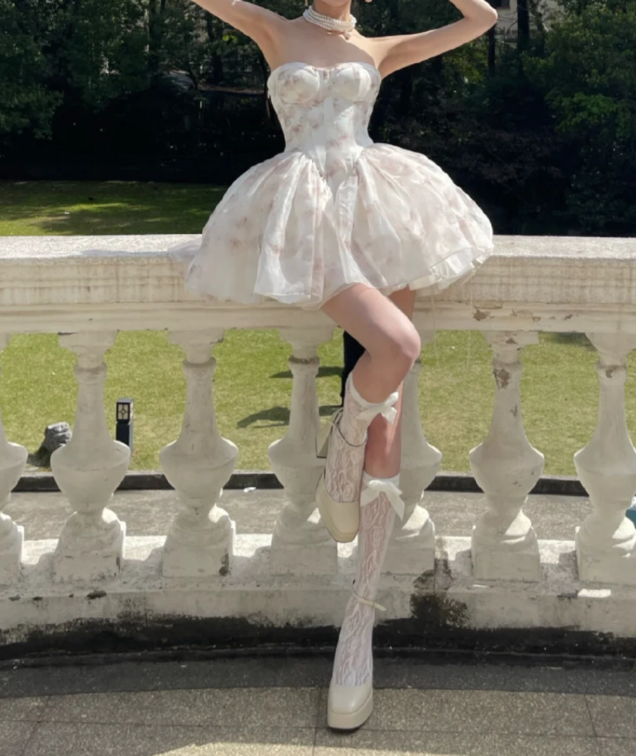 Sweet Strapless Pink Homecoming Dress Ruffles Floral A-Line Birthday Dress GG7116