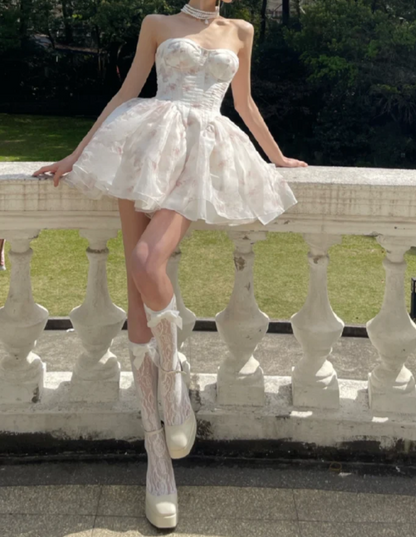 Sweet Strapless Pink Homecoming Dress Ruffles Floral A-Line Birthday Dress GG7116