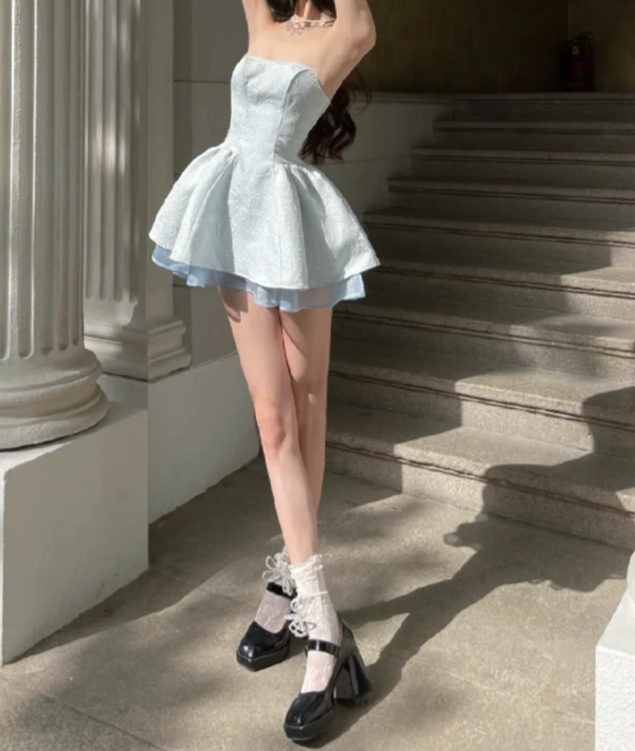 Chic Strapless Blue Homecoming Dress Jacquard A-Line Birthday Dress GG7117