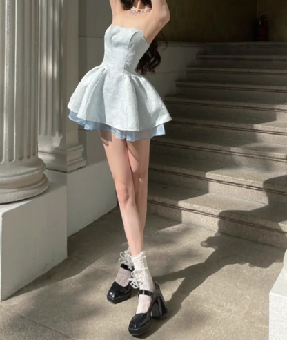 Chic Strapless Blue Homecoming Dress Jacquard A-Line Birthday Dress GG7117