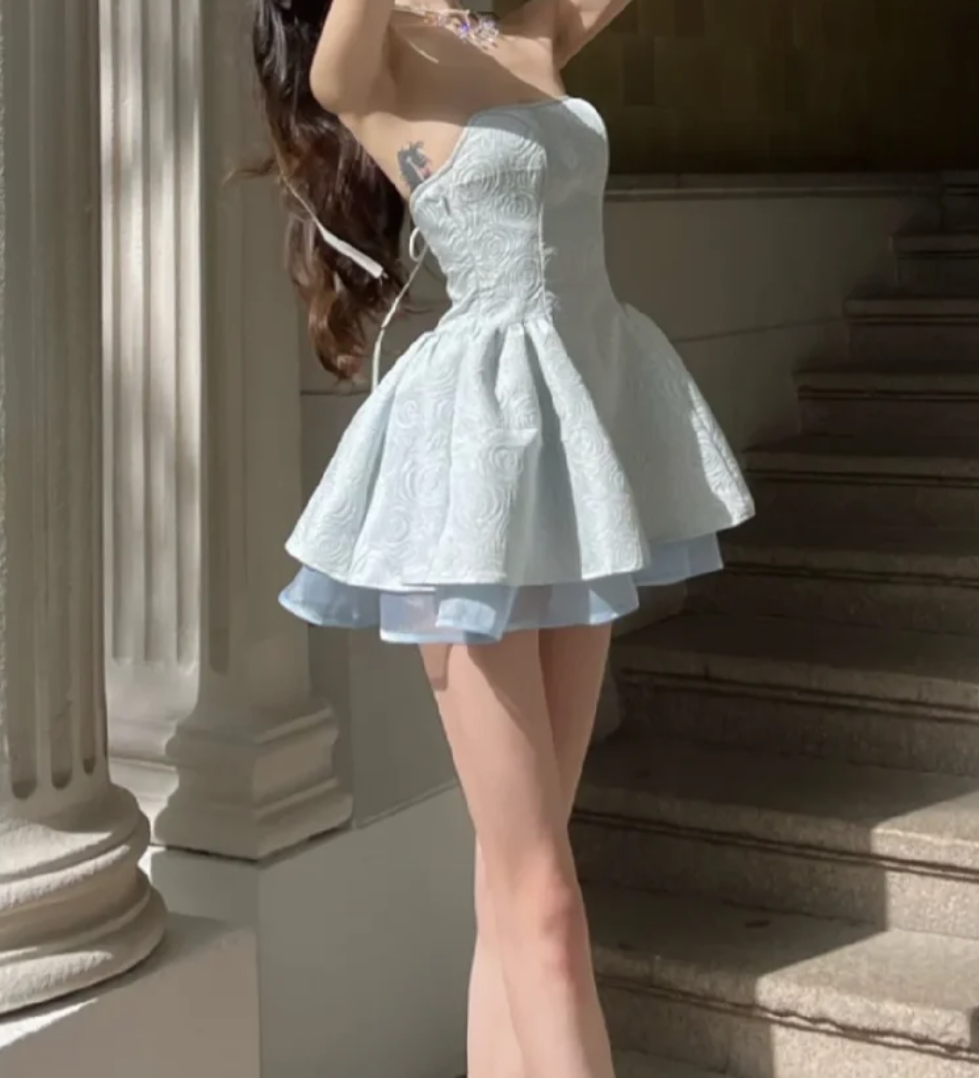 Chic Strapless Blue Homecoming Dress Jacquard A-Line Birthday Dress GG7117
