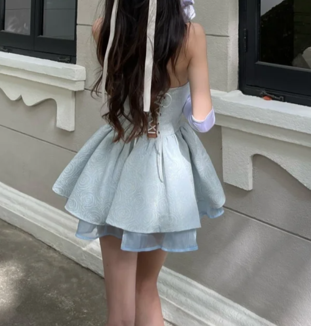 Chic Strapless Blue Homecoming Dress Jacquard A-Line Birthday Dress GG7117