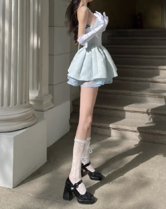 Chic Strapless Blue Homecoming Dress Jacquard A-Line Birthday Dress GG7117