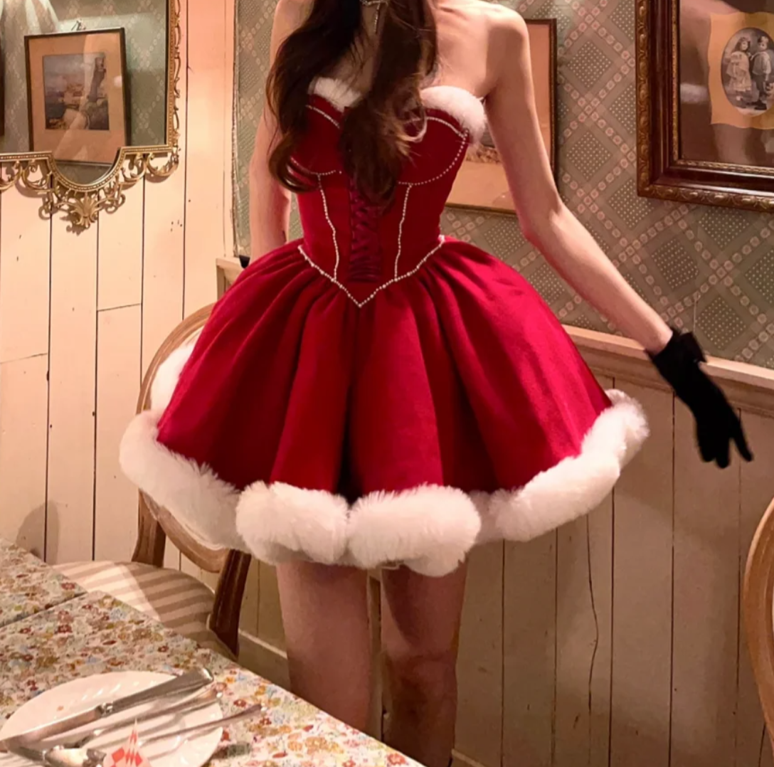 Gorgeous Strapless Red Homecoming Dress Fur A-Line Birthday Dress GG7118