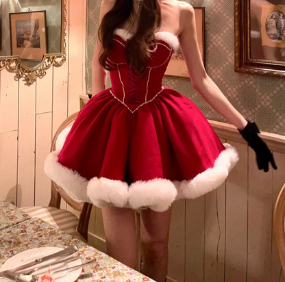 Gorgeous Strapless Red Homecoming Dress Fur A-Line Birthday Dress GG7118