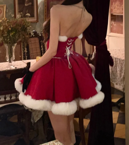Gorgeous Strapless Red Homecoming Dress Fur A-Line Birthday Dress GG7118