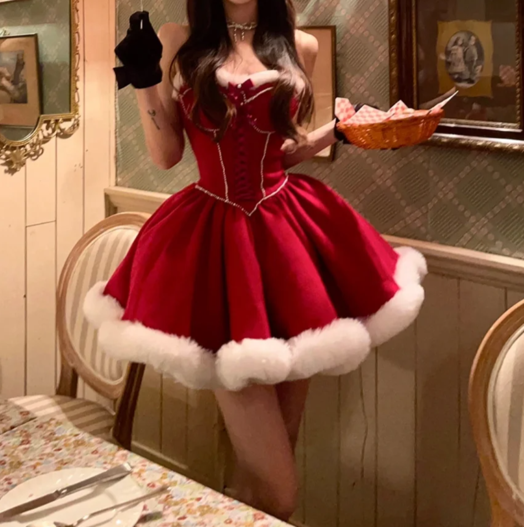 Gorgeous Strapless Red Homecoming Dress Fur A-Line Birthday Dress GG7118
