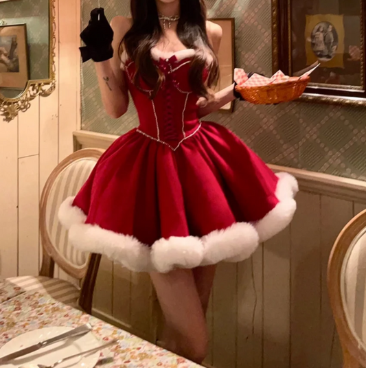 Gorgeous Strapless Red Homecoming Dress Fur A-Line Birthday Dress GG7118