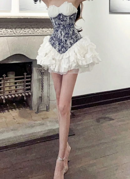 Retro Strapless Floral Homecoming Dress Ruffles A-Line Birthday Dress GG7119