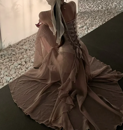 Charming Spaghetti Straps Slit Prom Dress Beige Lace-Up A-Line Formal Dress GG7121
