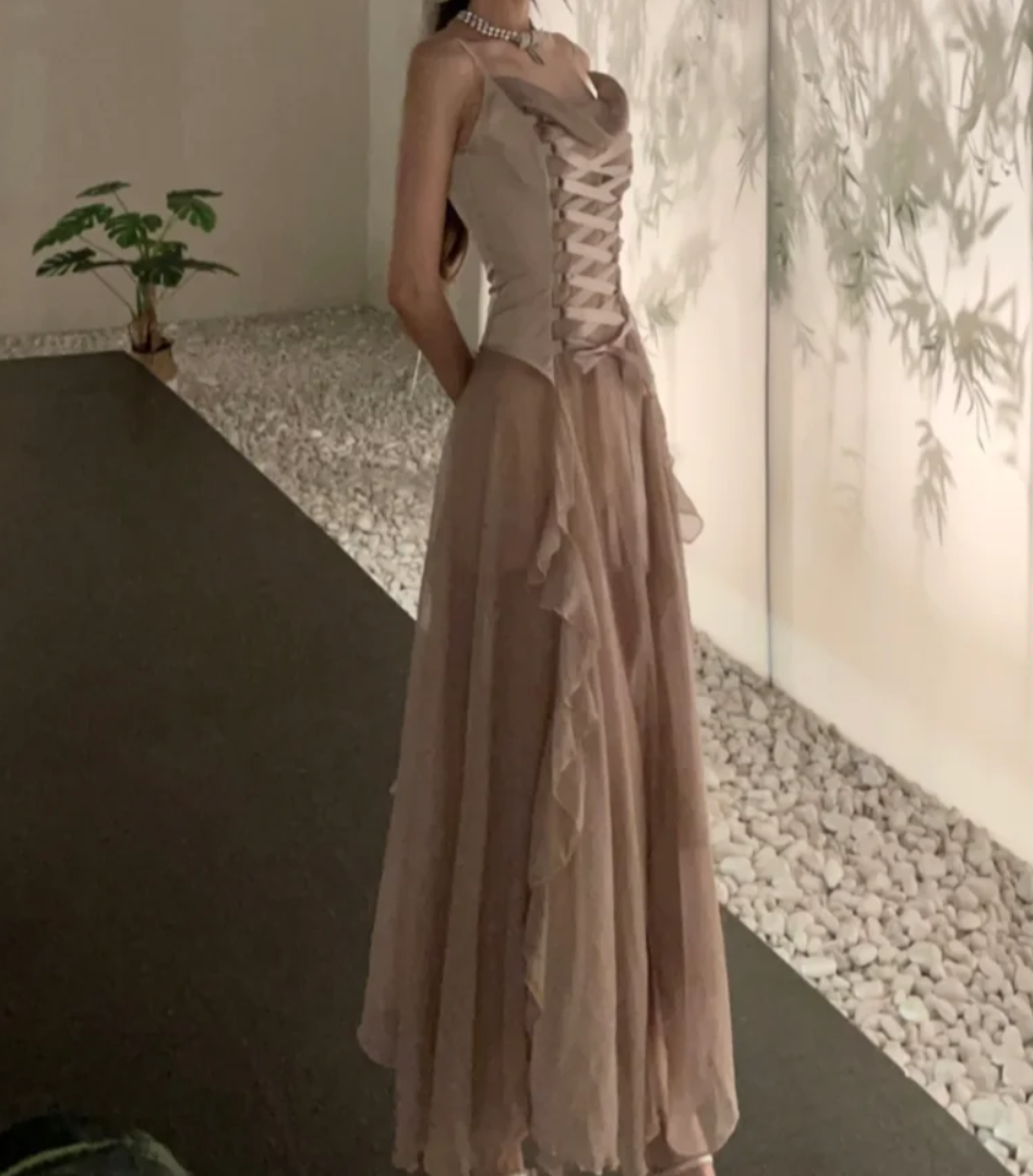 Charming Spaghetti Straps Slit Prom Dress Beige Lace-Up A-Line Formal Dress GG7121