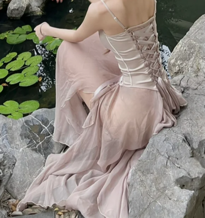 Charming Spaghetti Straps Slit Prom Dress Beige Lace-Up A-Line Formal Dress GG7121