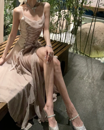 Charming Spaghetti Straps Slit Prom Dress Beige Lace-Up A-Line Formal Dress GG7121