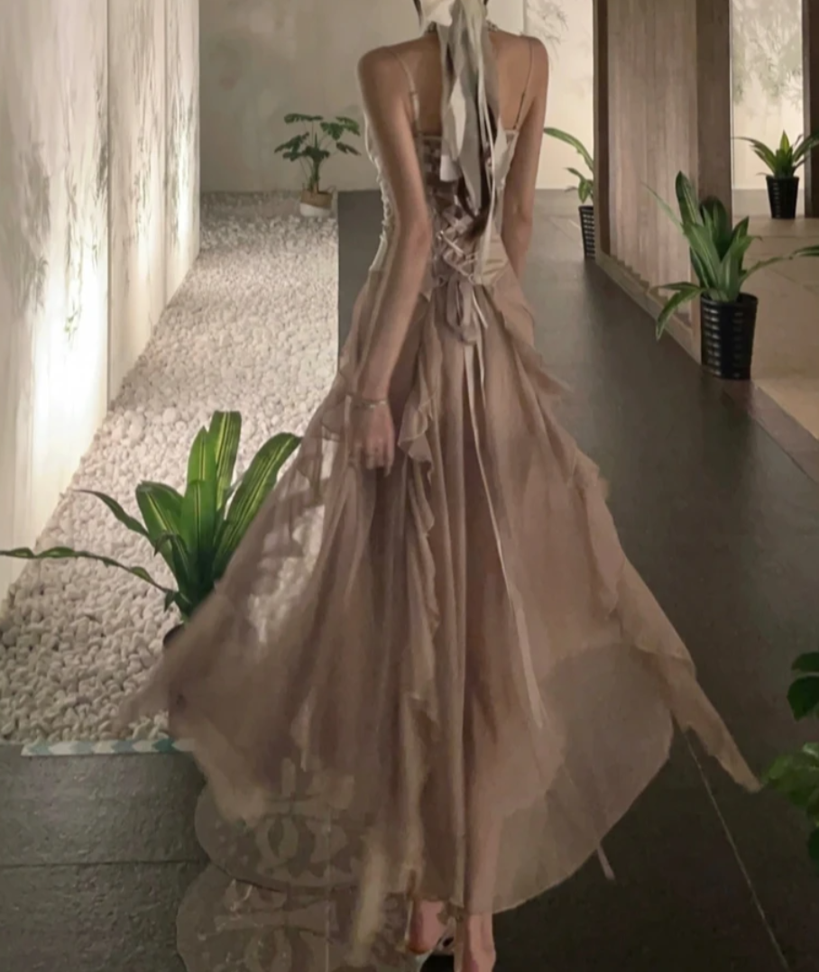 Charming Spaghetti Straps Slit Prom Dress Beige Lace-Up A-Line Formal Dress GG7121