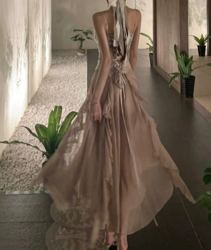 Charming Spaghetti Straps Slit Prom Dress Beige Lace-Up A-Line Formal Dress GG7121