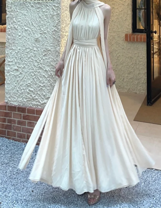 Sleek Halter Neck Prom Dress Ivory Backless A-Line Formal Dress GG7122