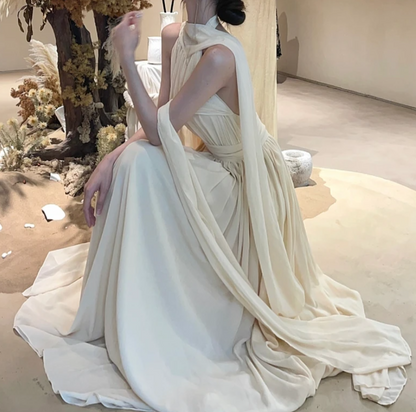 Sleek Halter Neck Prom Dress Ivory Backless A-Line Formal Dress GG7122