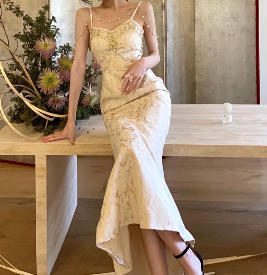 Luxury Spaghetti Straps Prom Dress Beading Jacquard Mermaid Formal Dress GG7123