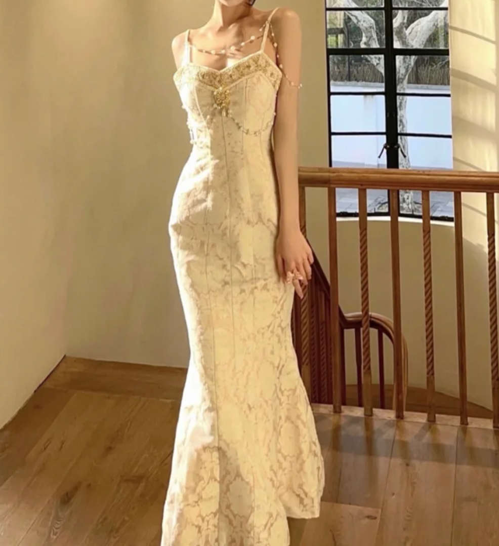 Luxury Spaghetti Straps Prom Dress Beading Jacquard Mermaid Formal Dress GG7123