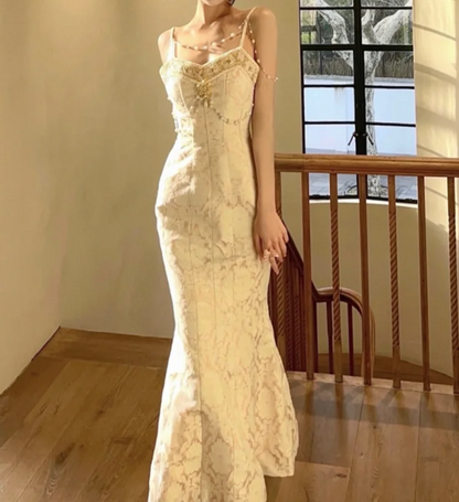 Luxury Spaghetti Straps Prom Dress Beading Jacquard Mermaid Formal Dress GG7123