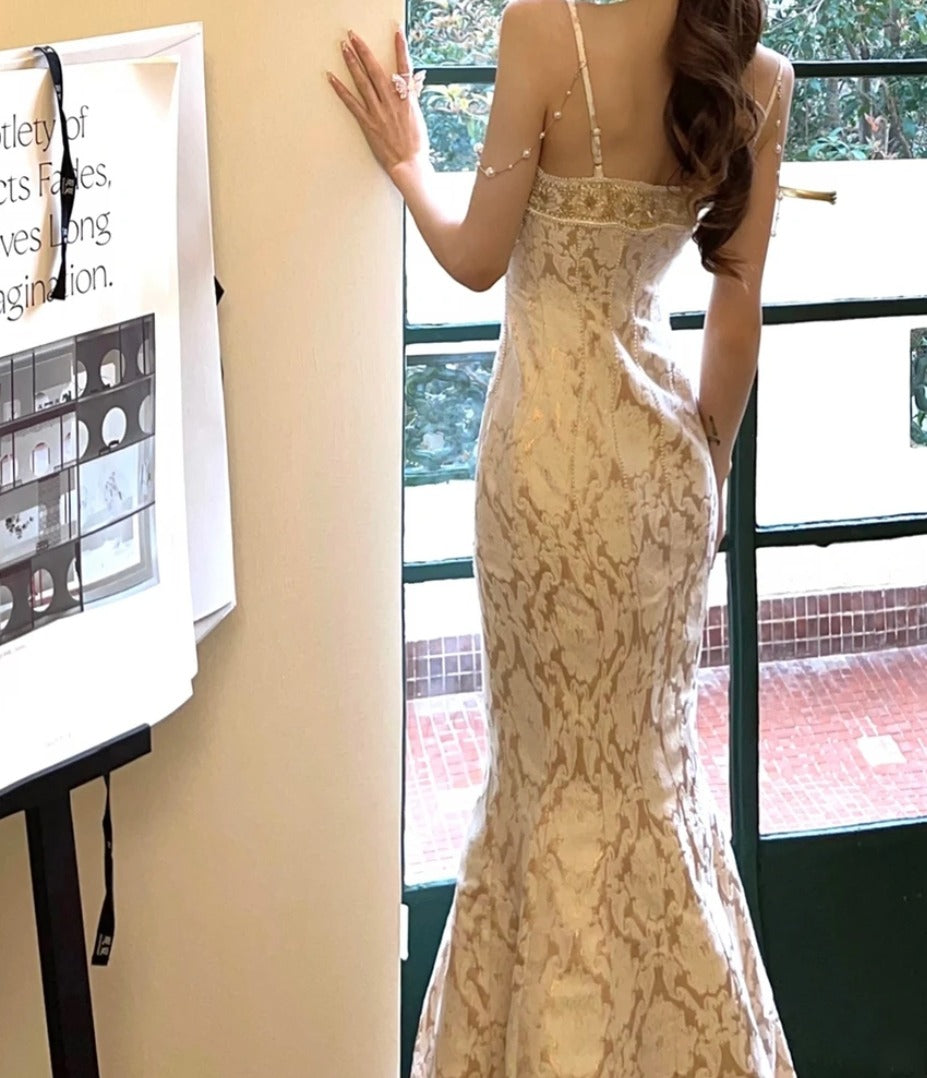 Luxury Spaghetti Straps Prom Dress Beading Jacquard Mermaid Formal Dress GG7123