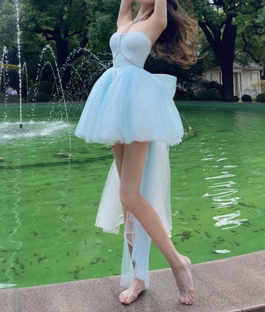 Classical Strapless Blue Homecoming Dress Tulle Bow A-Line Birthday Dress GG7125
