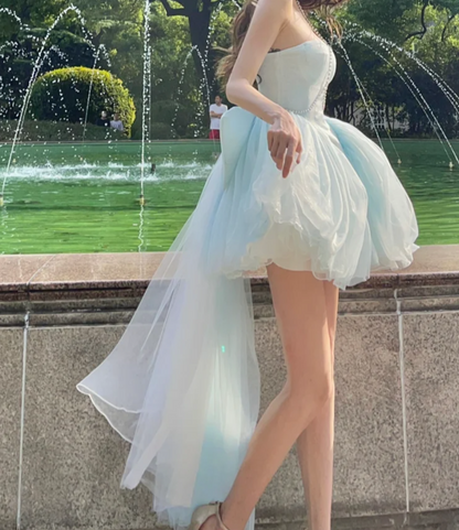 Classical Strapless Blue Homecoming Dress Tulle Bow A-Line Birthday Dress GG7125