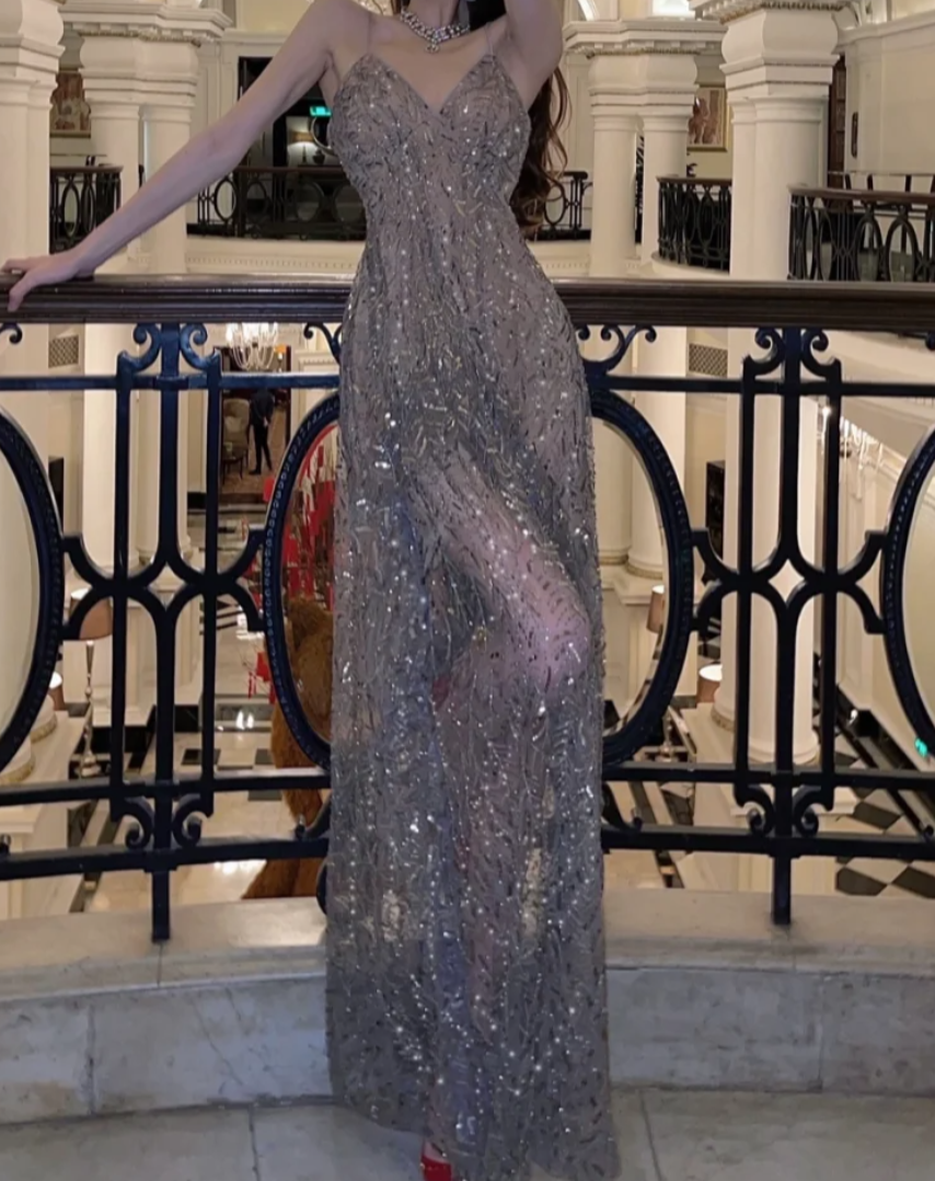Elegant Spaghetti Straps Prom Dress Grey Sequins A-Line Formal Dress GG7126