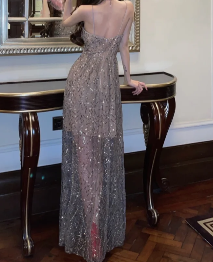 Elegant Spaghetti Straps Prom Dress Grey Sequins A-Line Formal Dress GG7126