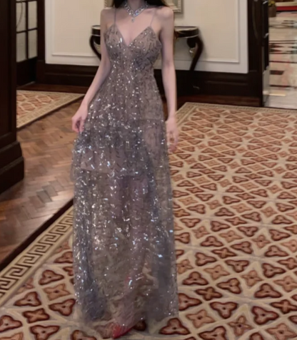 Elegant Spaghetti Straps Prom Dress Grey Sequins A-Line Formal Dress GG7126