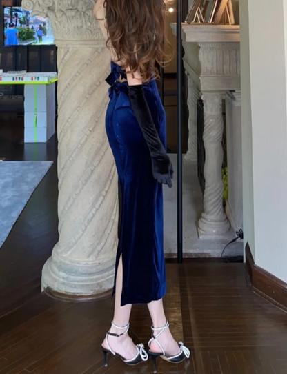 Retro Halter Neck Prom Dress Blue Velvet Mermaid Formal Dress GG7128