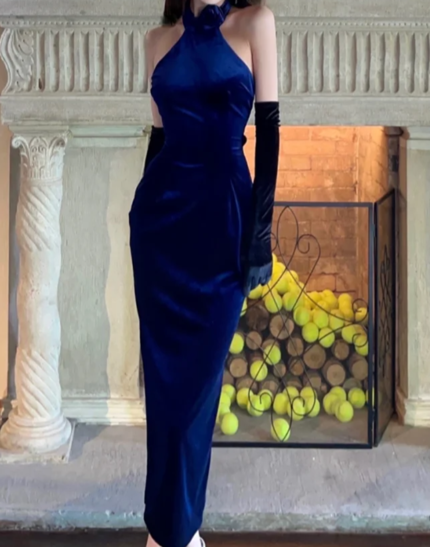 Retro Halter Neck Prom Dress Blue Velvet Mermaid Formal Dress GG7128