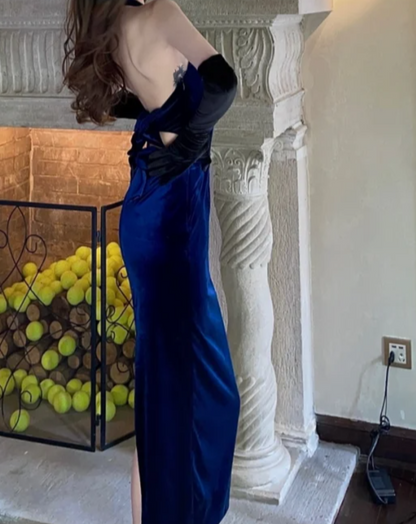 Retro Halter Neck Prom Dress Blue Velvet Mermaid Formal Dress GG7128