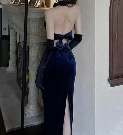 Retro Halter Neck Prom Dress Blue Velvet Mermaid Formal Dress GG7128