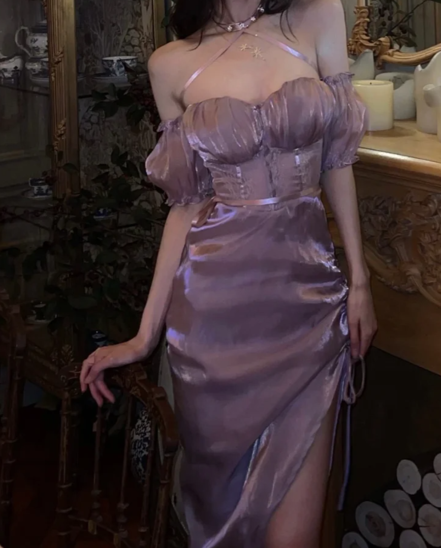 Dreamy Off-Shoulder Homecoming Dress Purple Gathered Sheath Birthday Dress GG7129