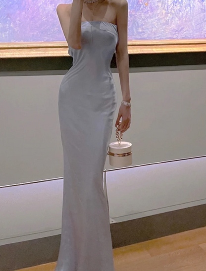 Trendy Strapless Backless Prom Dress Blue Satin Mermaid Formal Dress GG7130