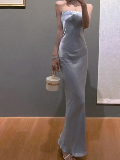 Trendy Strapless Backless Prom Dress Blue Satin Mermaid Formal Dress GG7130