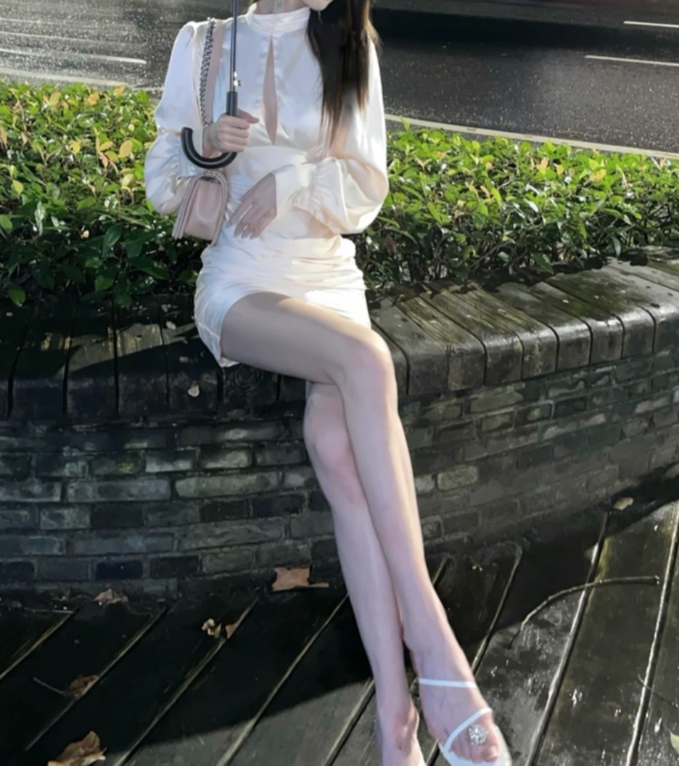Trendy High Collar White Homecoming Dress Long Sleeve Sheath Birthday Dress GG7131