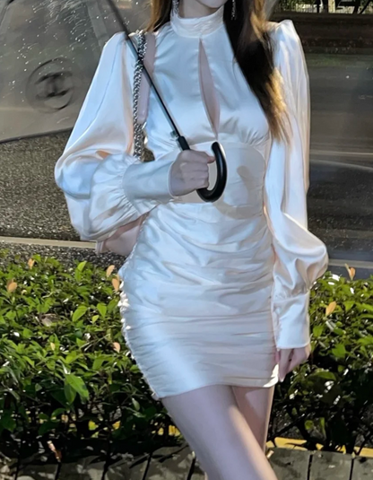 Trendy High Collar White Homecoming Dress Long Sleeve Sheath Birthday Dress GG7131