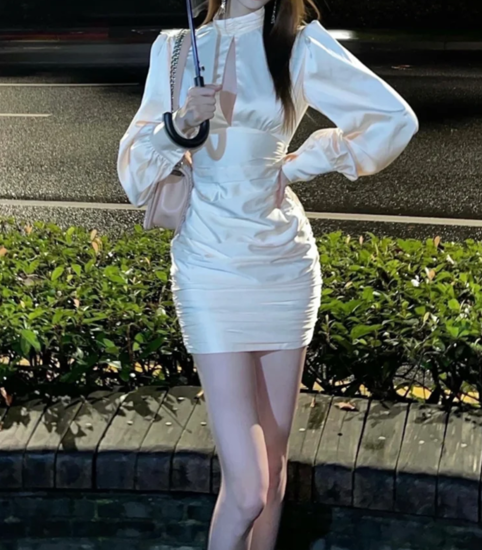 Trendy High Collar White Homecoming Dress Long Sleeve Sheath Birthday Dress GG7131