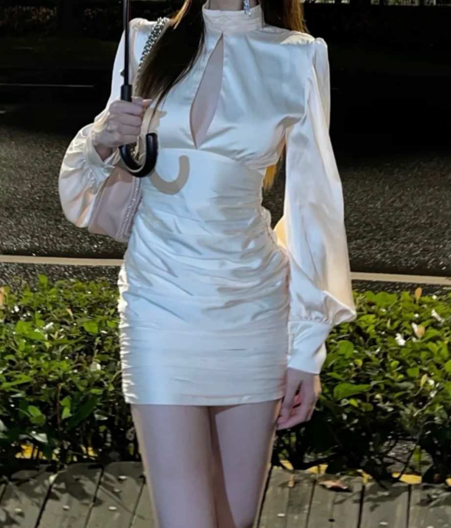 Trendy High Collar White Homecoming Dress Long Sleeve Sheath Birthday Dress GG7131