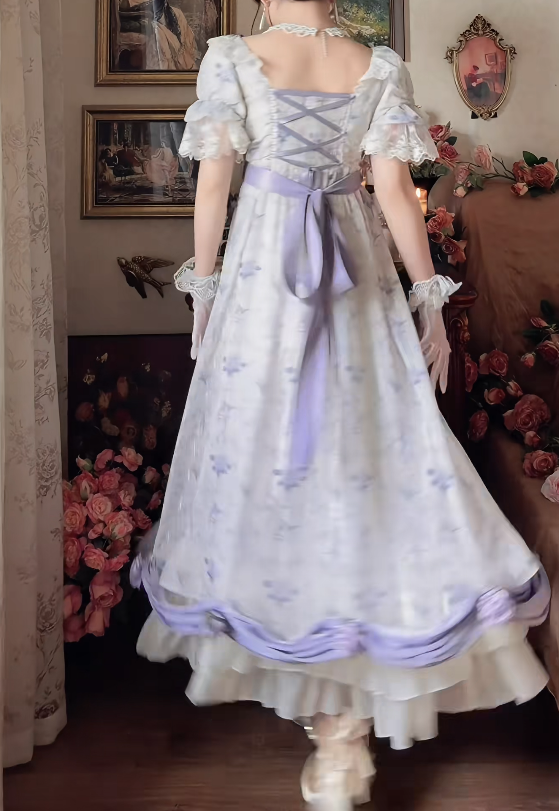 Romantic Square Neck Prom Dress Purple Floral Short Sleeve A-Line Formal Dress GG7132